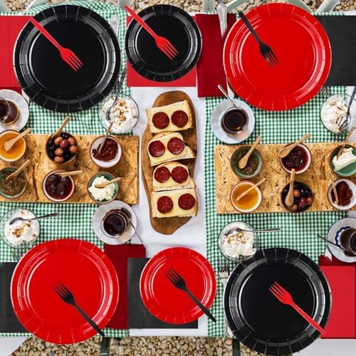 200 Pcs Red Black Party Plates Napkins and Forks Set