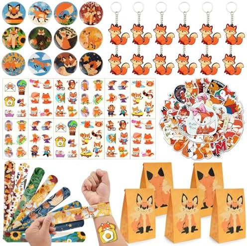 110Pcs Fox Party Favor Set with Keychains and Tattoos