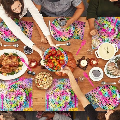 K1tpde Iridescent Rainbow Leopard Tableware 96PCS Set