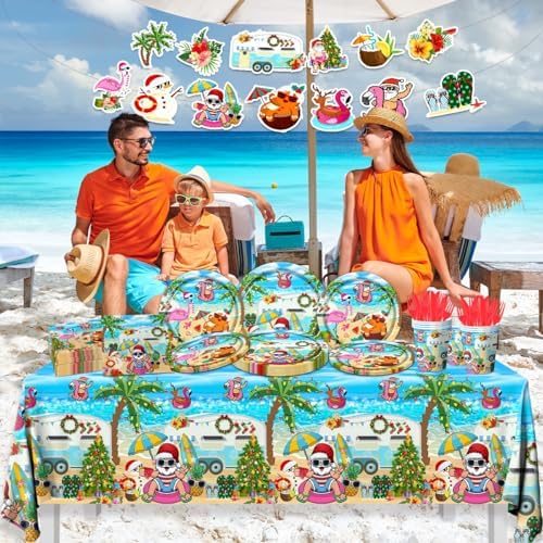 142pcs Hawaiian Christmas Plates Napkins Cups Forks Knives Tableware Set