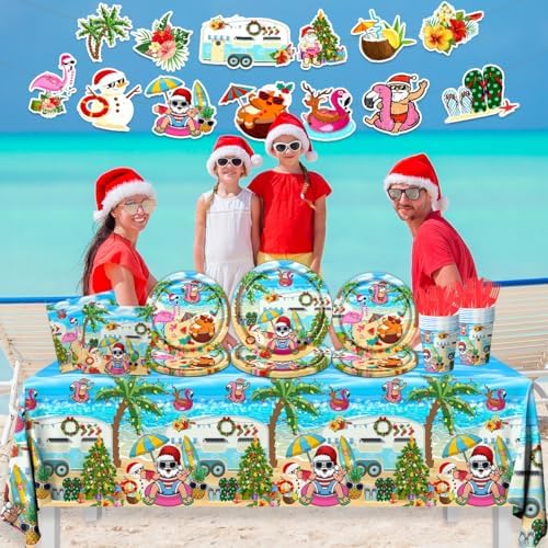 142pcs Hawaiian Christmas Plates Napkins Cups Forks Knives Tableware Set