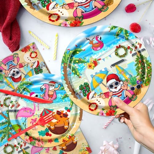 142pcs Hawaiian Christmas Plates Napkins Cups Forks Knives Tableware Set
