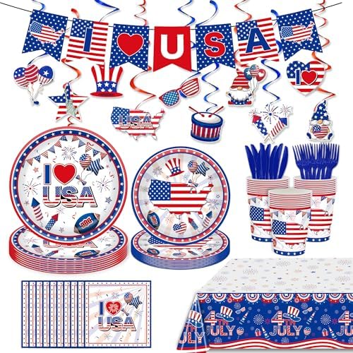 123 Pcs 4th of July Party Supplies Set for 20 Guests