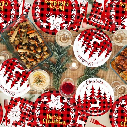 150pcs Red Buffalo Plaid Christmas Party Tableware Set for 50 Guests