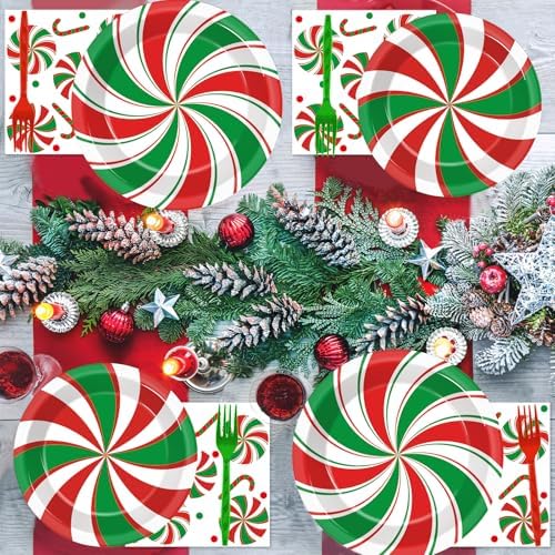 96 Pcs Christmas Peppermint Themed Plates Napkins Tableware Set for 24 Guests