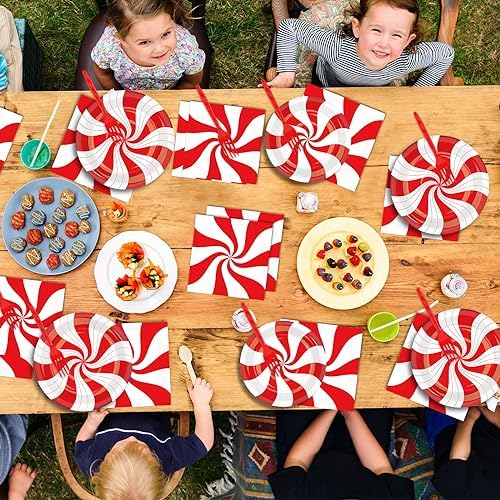 100Pcs Christmas Candy Cane Party Plates and Napkins Set