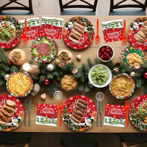 100 Pcs Christmas Plates and Napkins Set - Winter Party Decor