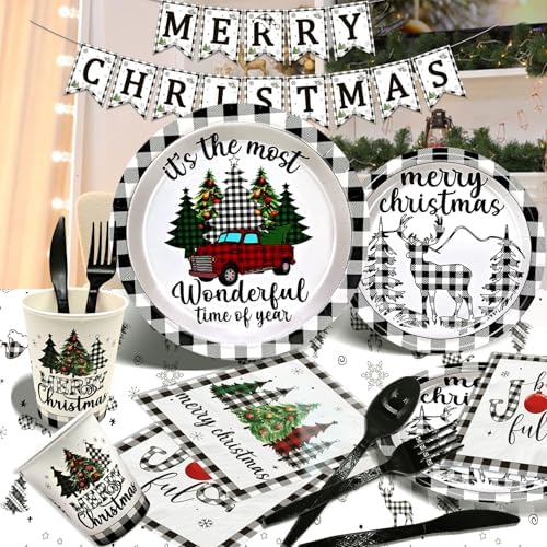 183Pcs Buffalo Plaid Christmas Tableware Set