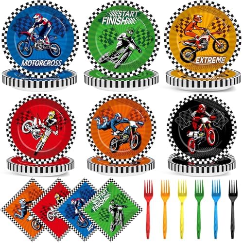 96Pcs Dirt Bike Party Plates Napkins Forks for Boys Birthday