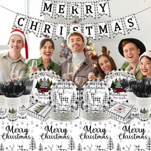183Pcs Buffalo Plaid Christmas Tableware Set