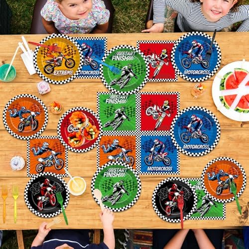 96Pcs Dirt Bike Party Plates Napkins Forks for Boys Birthday