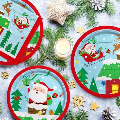 Santa-Themed Disposable Plates Napkins Cups Set with Waterproof Tablecloth - 25 Pieces