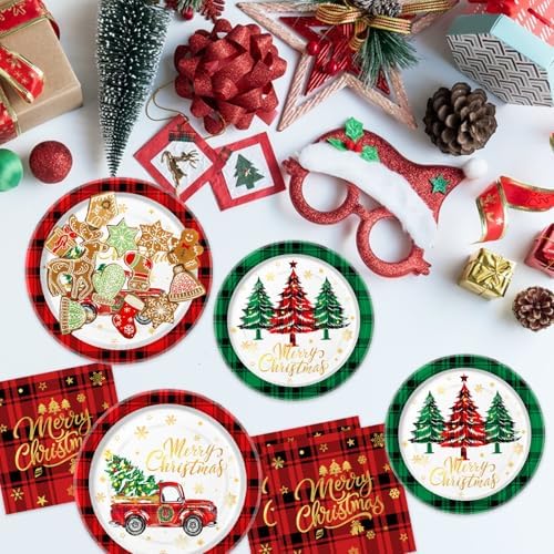 175 PCS Christmas Tree Plaid Party Plates Set for 25 Guests